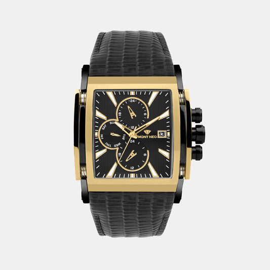 Men Quartz Black Dial Multi-Function Leather Watch 1057M-L4203