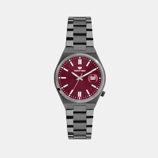 Men Quartz Maroon Dial Analog Metal Watch 3506E-M8812