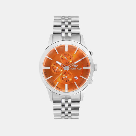 Men Quartz Orange Dial Multi-Function Stainless Steel Watch 1049M-M1119