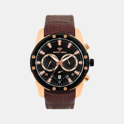 Men Quartz Black Dial Multi-Function Leather Watch 1053M-L3404