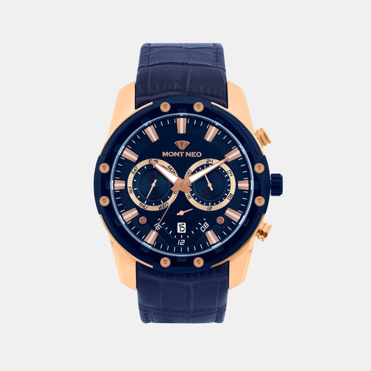 Men Quartz Blue Dial Multi-Function Leather Watch 1053M-L3505