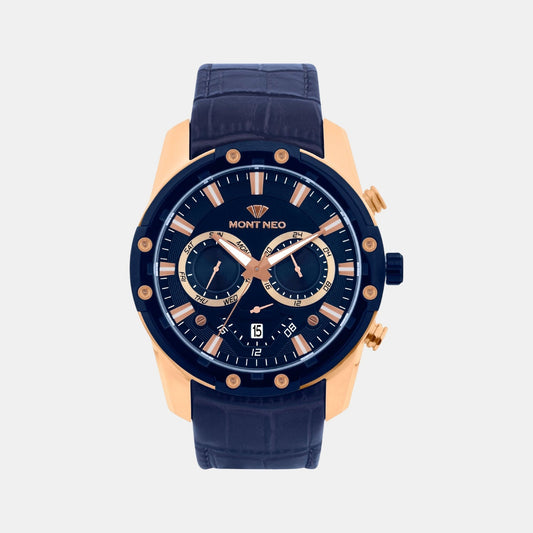 Men Quartz Blue Dial Multi-Function Leather Watch 1053M-L3505