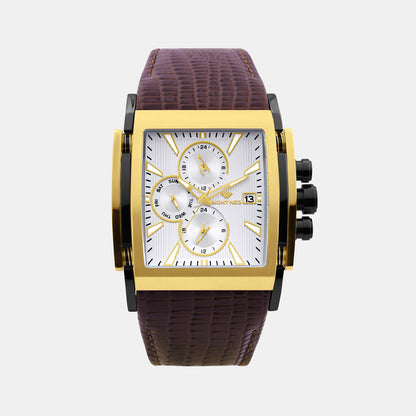 Men Quartz Silver Dial Multi-Function Leather Watch 1057M-L4204