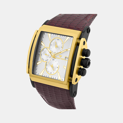 Men Quartz Silver Dial Multi-Function Leather Watch 1057M-L4204