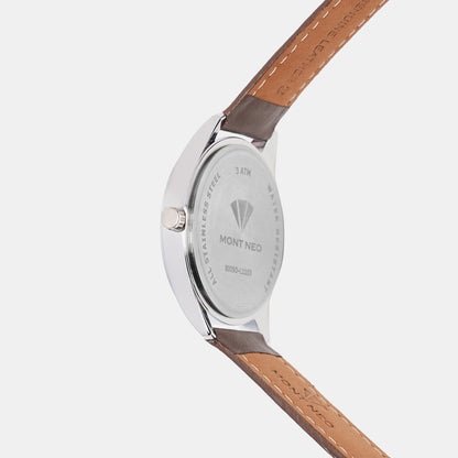 Men Quartz Silver Dial Analog Leather Watch 8009D-L1103