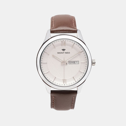 Men Quartz Silver Dial Analog Leather Watch 8009D-L1103