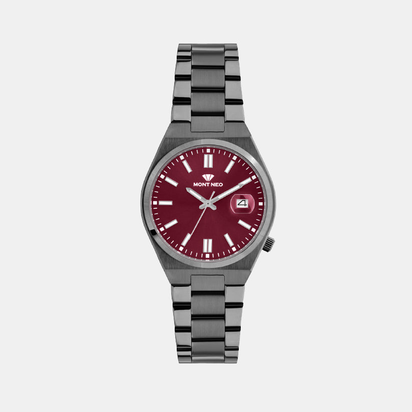 Men Quartz Maroon Dial Analog Metal Watch 3506E-M8812