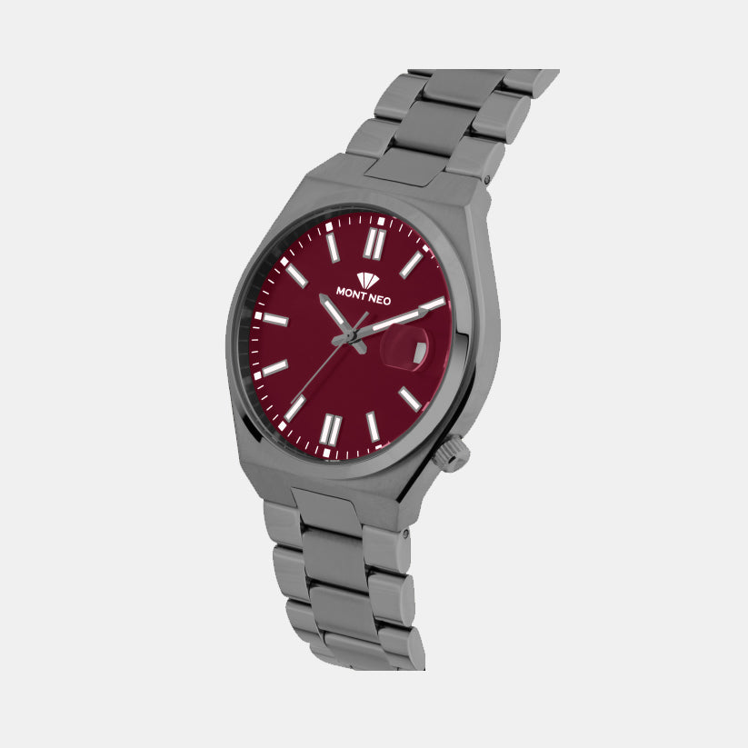 Men Quartz Maroon Dial Analog Metal Watch 3506E-M8812