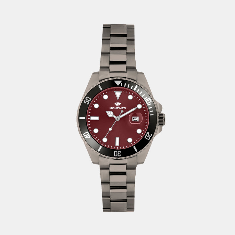 Men Quartz Maroon Dial Analog Metal Watch 3507E-M8812