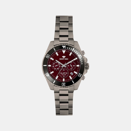 Men Quartz Burgundy Dial Multi-Function Stainless Steel Watch 3508M-M8812