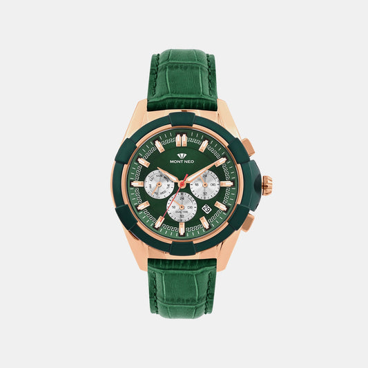 Men Quartz Green Dial Multi-Function Leather Watch 3512M-L31014