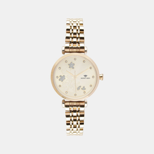 Women Quartz Gold Dial Analog Stainless Steel Watch 7505T-M2208