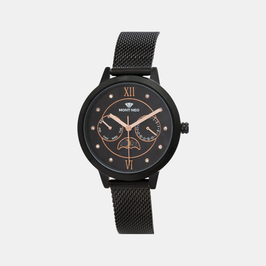 Women Quartz Black Dial Multi-Function Stainless Steel Watch 9003M-B4404