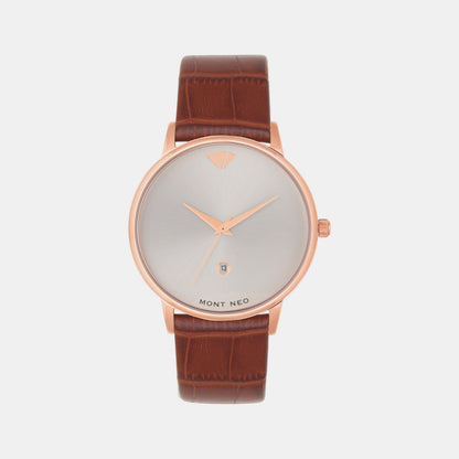 Men Quartz Silver Dial Analog Leather Watch G1034E-L3303